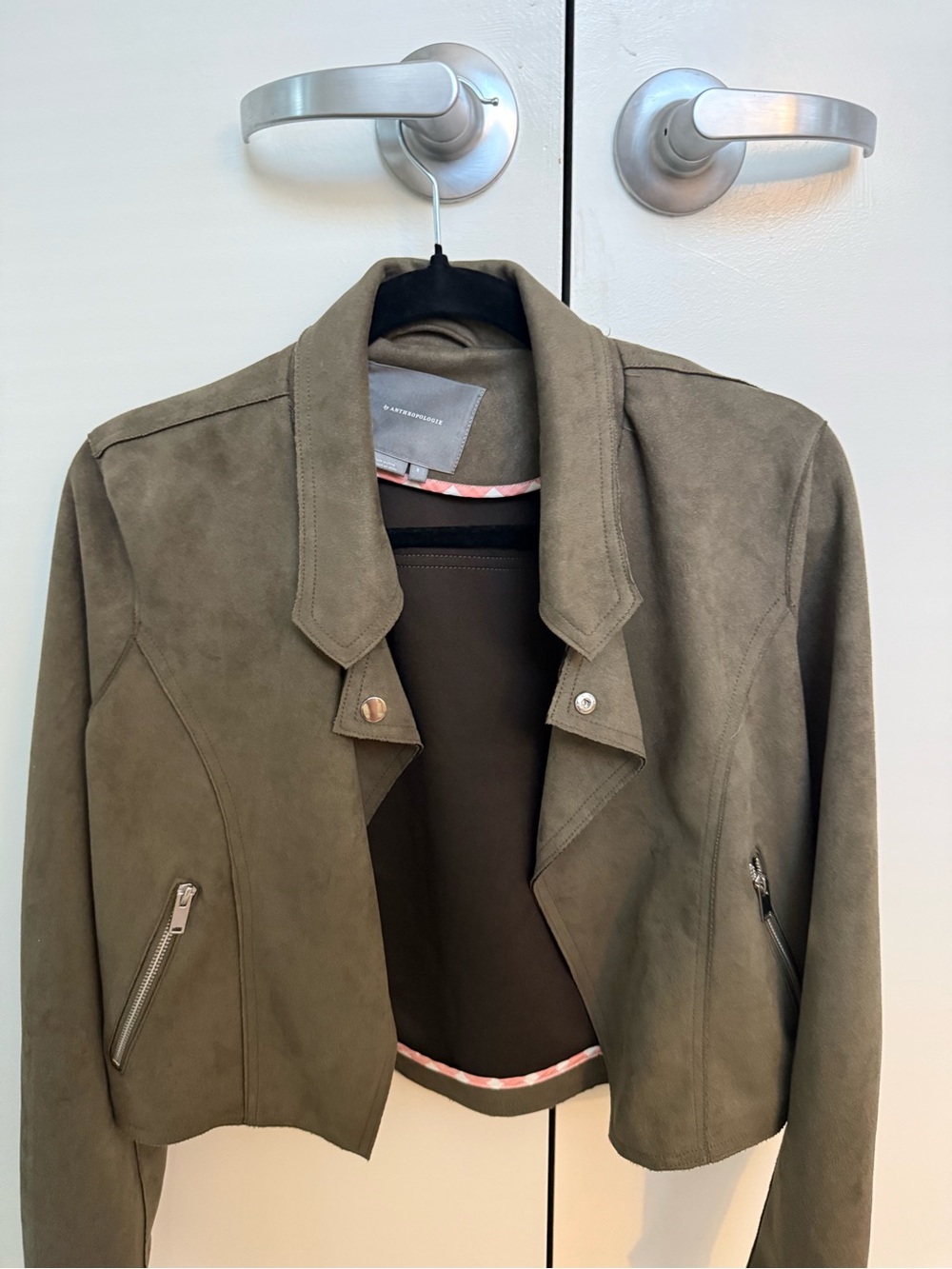 Anthropologie Women's Olive Suede-Look Cropped Jacket - Lightweight Moto Style